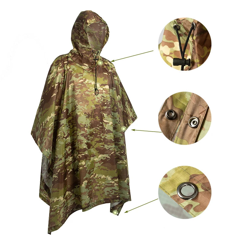Men’s Military Waterproof Camo Raincoat – Impermeable Zipper Poncho