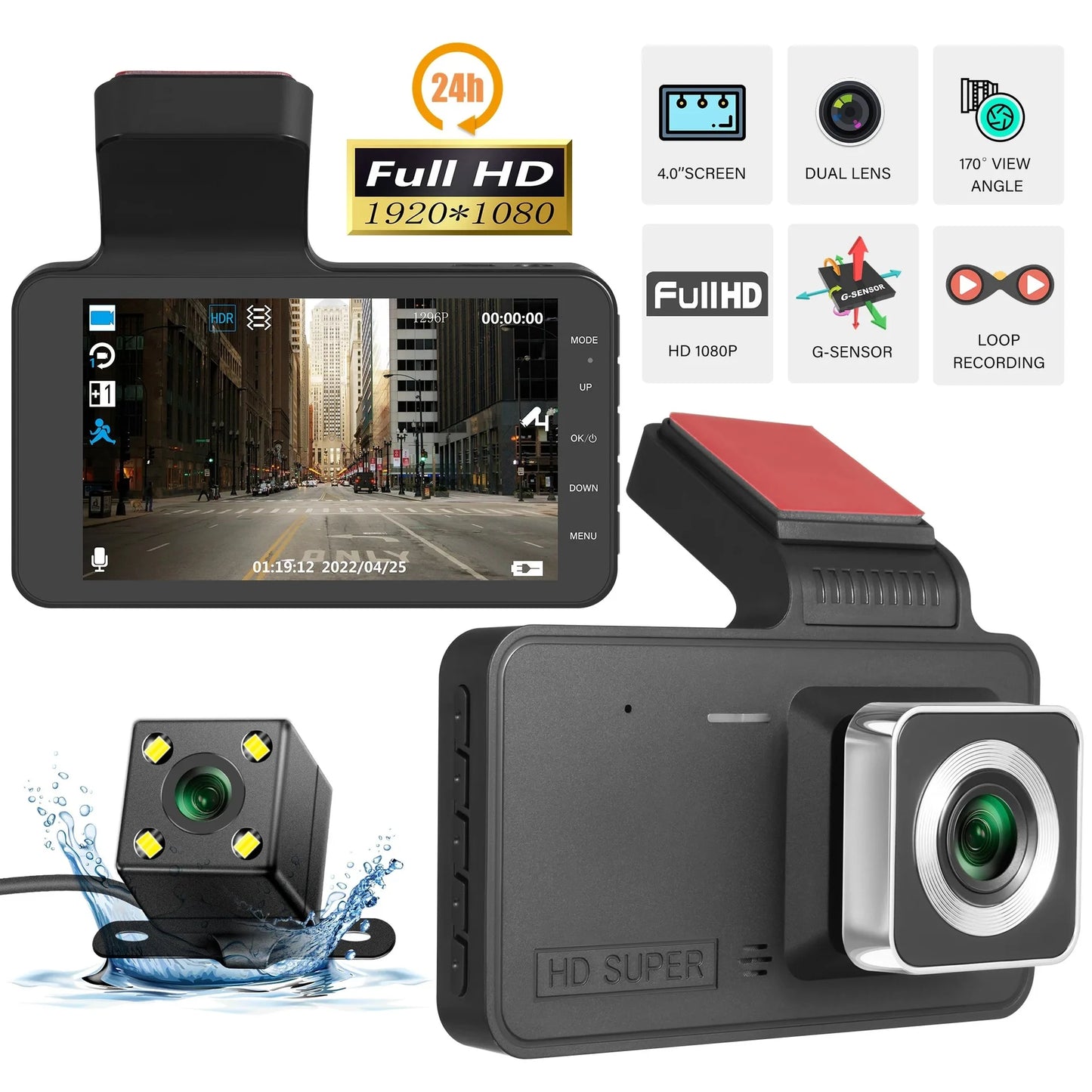 Dual Lens Dash Cam with Night Vision &amp; Parking Assist